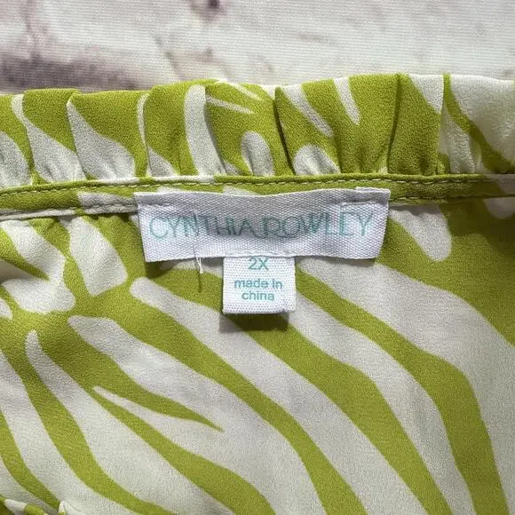 Cynthia Rowley Lime Green White Abstract Sea Shell Short Sleeve Top Blouse 2X - Picture 5 of 8
